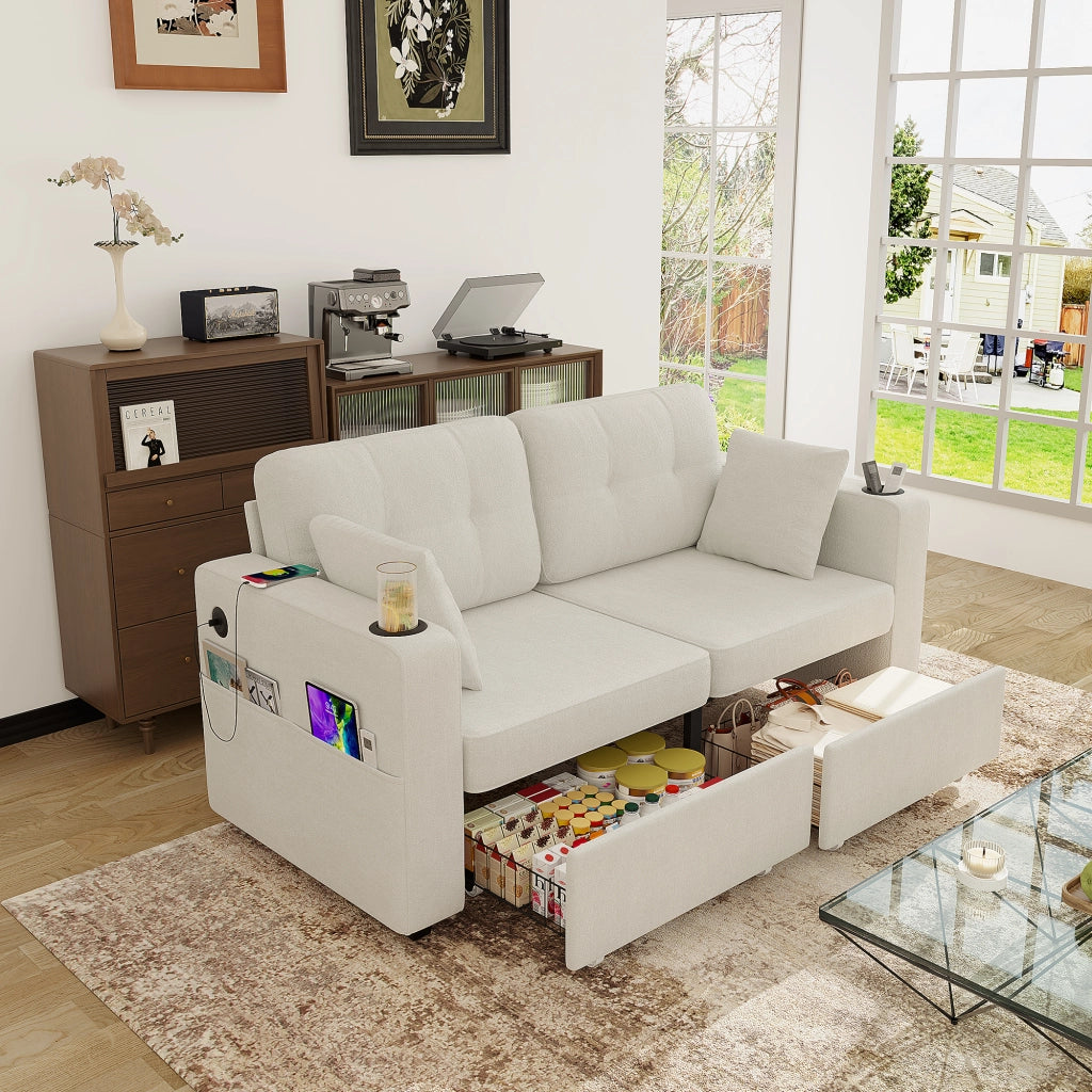 Divano a 2 posti con due cassetti contenitore, porte USB, portabicchieri e tasche laterali in ciniglia beige