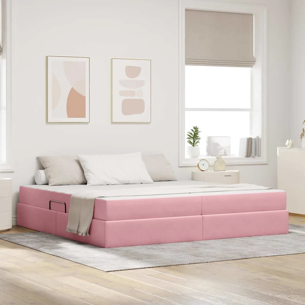 Letto con contenitore e materasso Rosa 200 x 200 cm Velluto 3399747