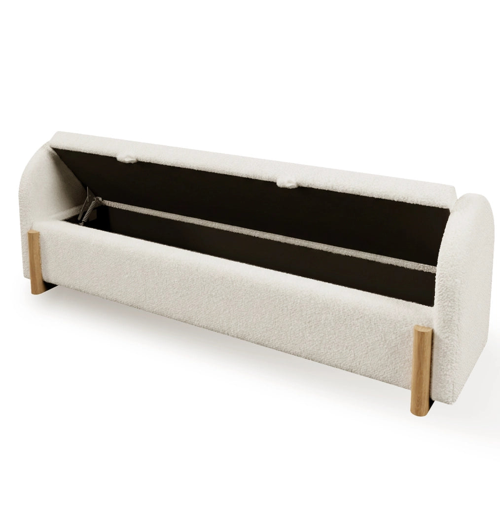 Panca contenitore per camera 186x47x61 cm in chenille bouclé bianco con vano portaoggetti idraulico