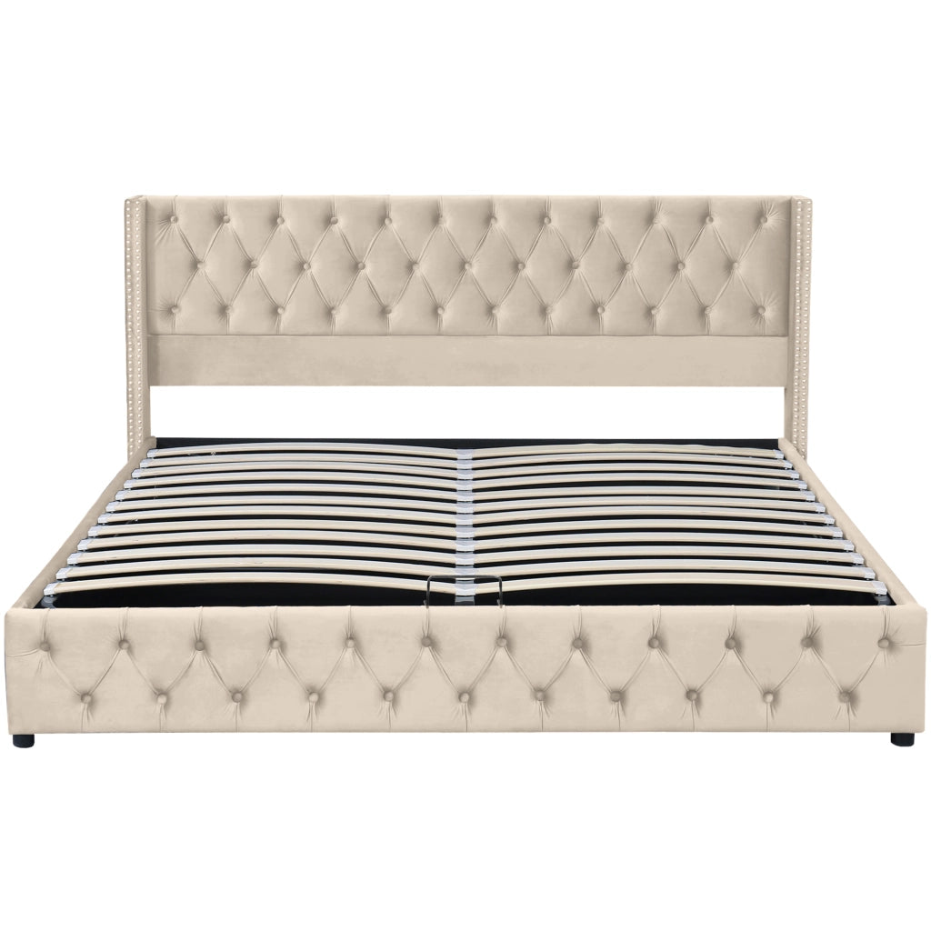Letti contenitori 160x200 cm; contenitore idraulico; velluto beige (Senza materasso)