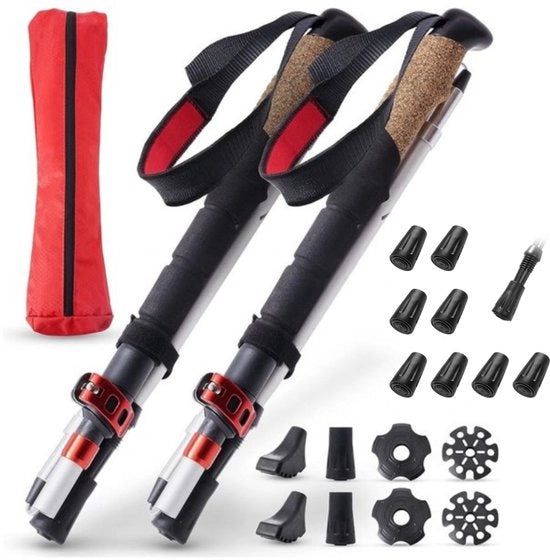 Set di Nordic Walking con Asta Inclinabile a Carbonio da 135 cm & 8 Pezzi di Doppiere Universali per Nordic Walking - Flessibili, Leggeri, Ergonomici - Accessori per Escursioni