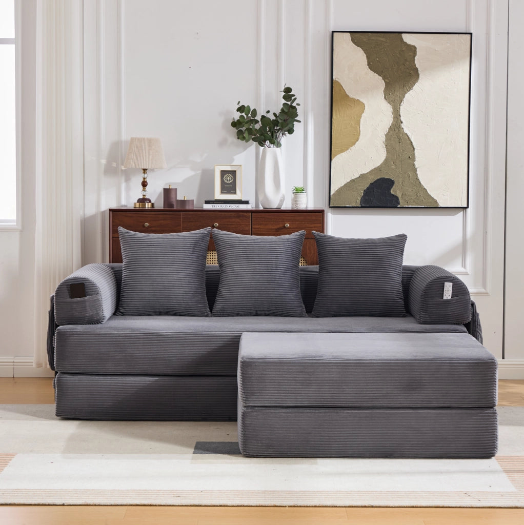 Divano modulare ULEVR con pouf 200x190x67 cm, 3 cuscini e tasca laterale, velluto a coste grigio scuro