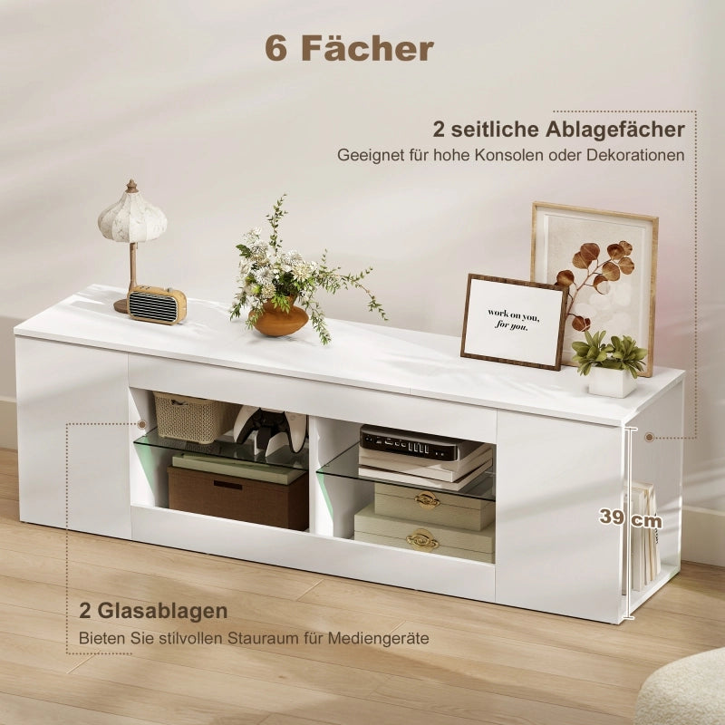 Mobile porta TV con 6 vani e 2 ripiani in vetro per TV fino a 65 pollici, in truciolare FSC, bianco, 140 cm