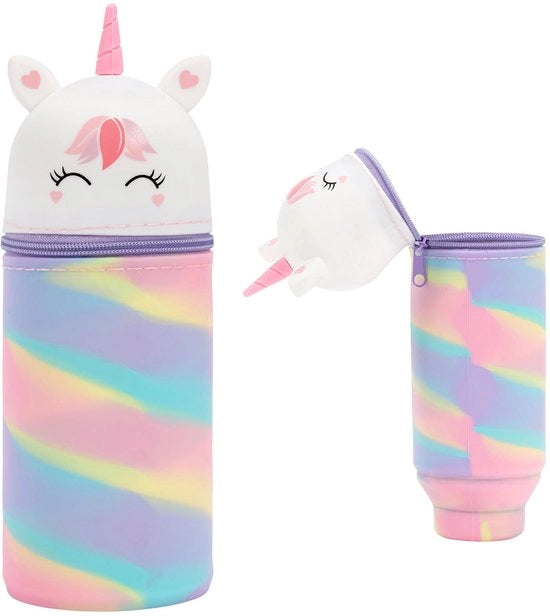Etui per ragazze, kawaii etui unicorno, 2-in-1 borsa morbida in silicone per la scuola, etui cartoon con chiusura a raccatto per l'ufficio, attrezzatura scolastica per bambini (unicorno)