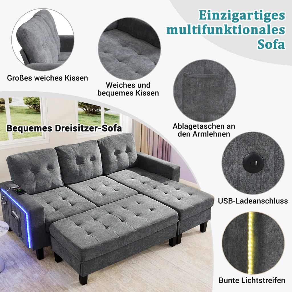 Divano angolare convertibile 3 posti con pouf mobile, LED regolabile e USB, in ciniglia grigio antico