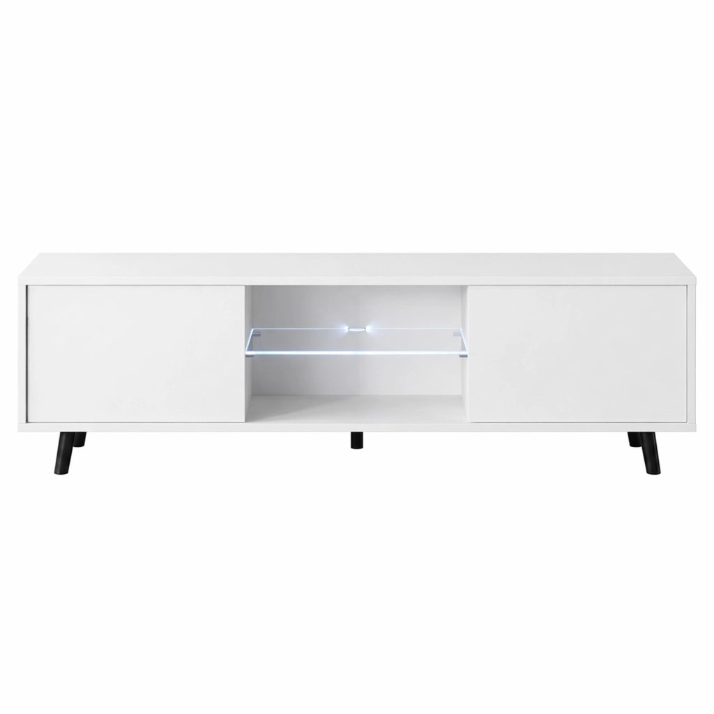 Mobile TV In Melaminico Con 2 Ante Battenti Vano Centrale Con Ripiano In Vetro E LED Piedini In Metallo Per Soggiorno Salotto Zona Living 140 X 31.5 X 40 Cm Bianco