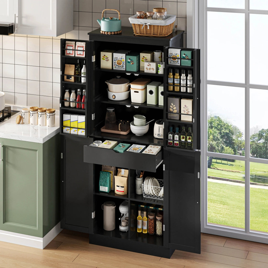 Credenza alta con 2 ante, ripiani e cassetto interno, per cucina e soggiorno, in MDF, nera, 75 × 40 × 182 cm