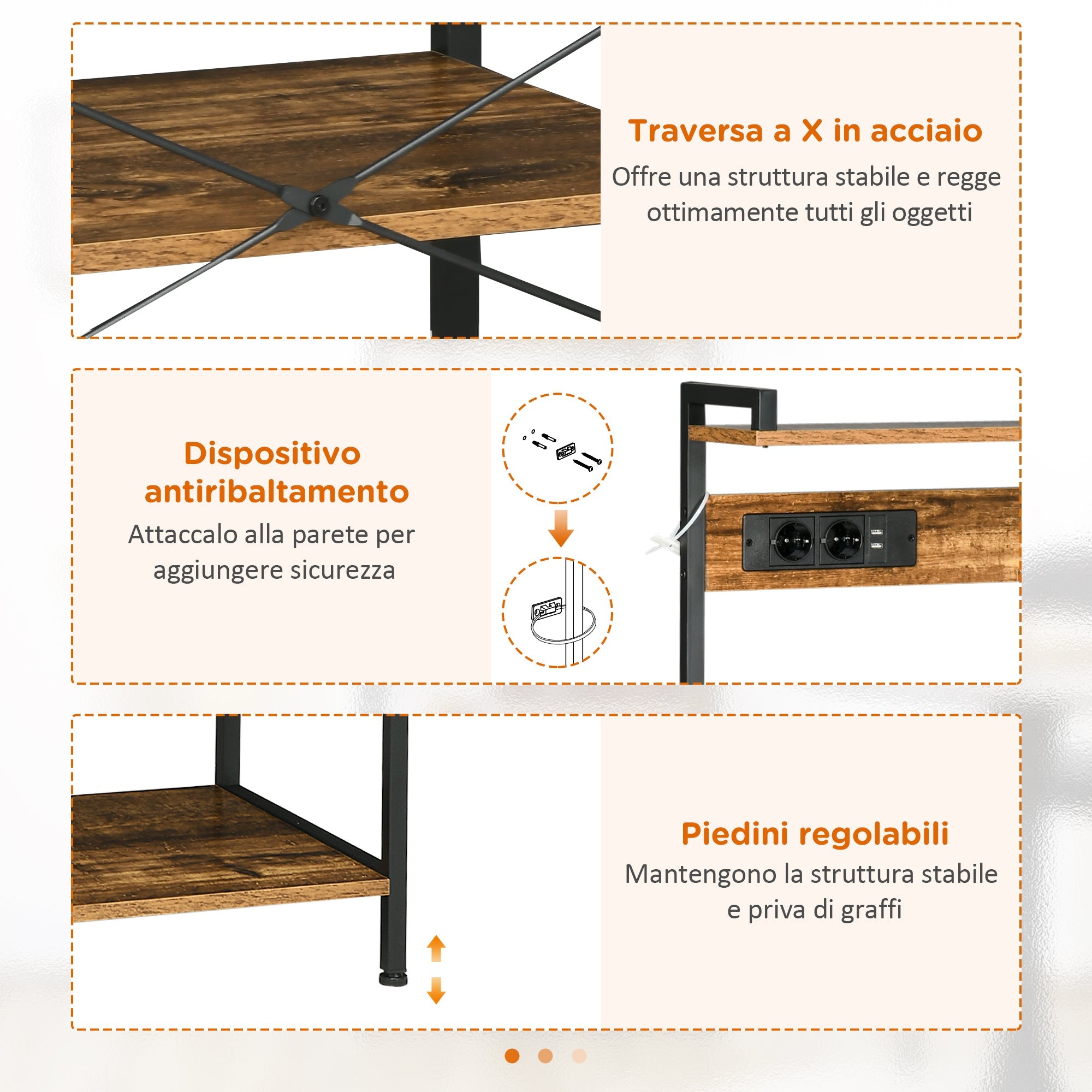 Scaffale Cucina con Multopresa 90x42x130 cm in Legno e Acciaio Marrone Rustico