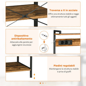 Scaffale Cucina con Multopresa 90x42x130 cm in Legno e Acciaio Marrone Rustico
