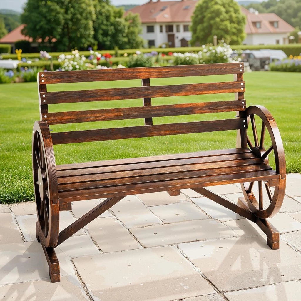 Panca da esterno a 2 posti, resistente alle intemperie, con braccioli a forma di ruota, in legno con schienale, in stile country, per patio, giardino, parco, 105.5 x 56 x 79 cm.