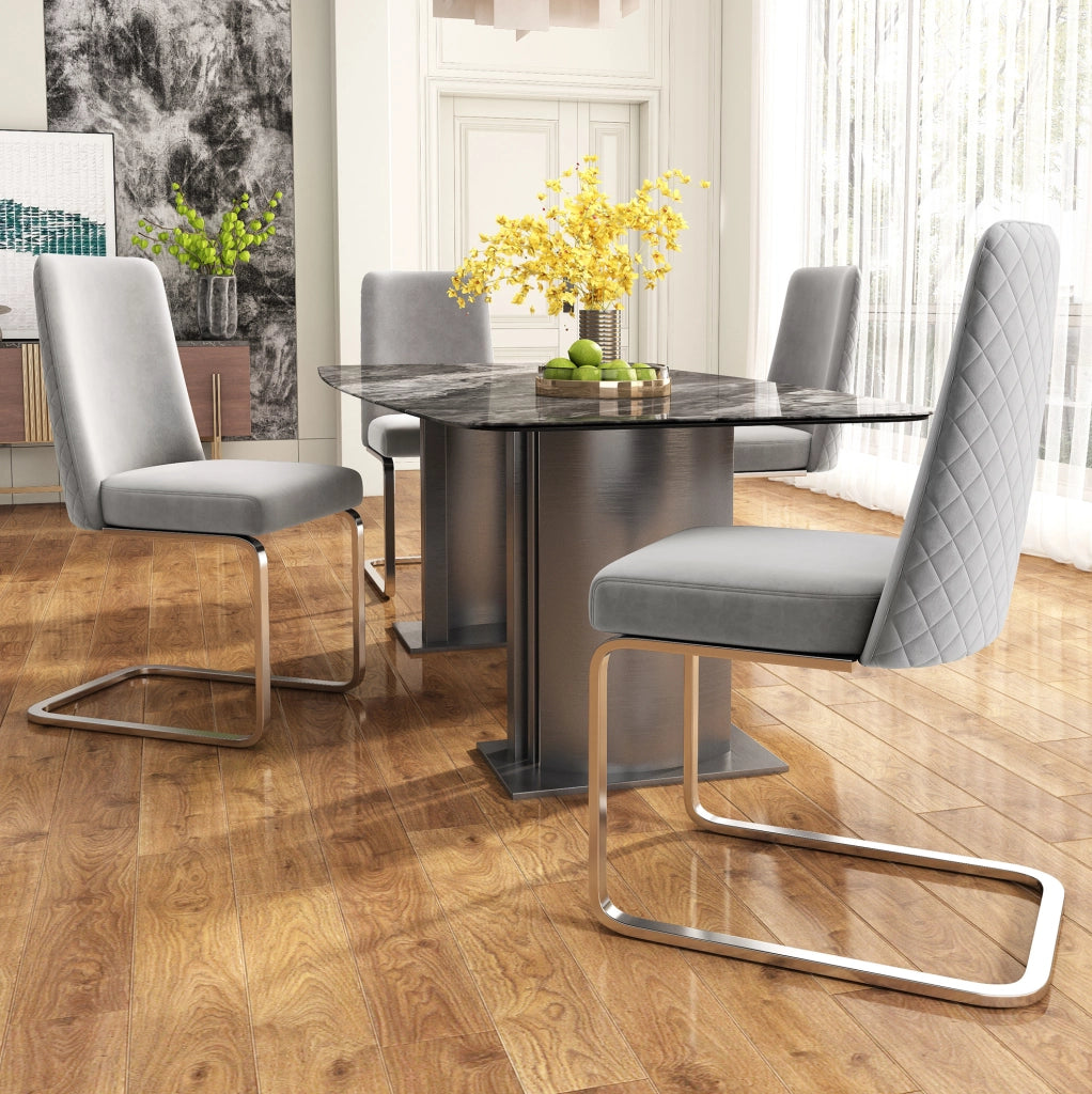 Set di 4 sedie da pranzo in velluto grigio con schienale a rombi e gambe argento