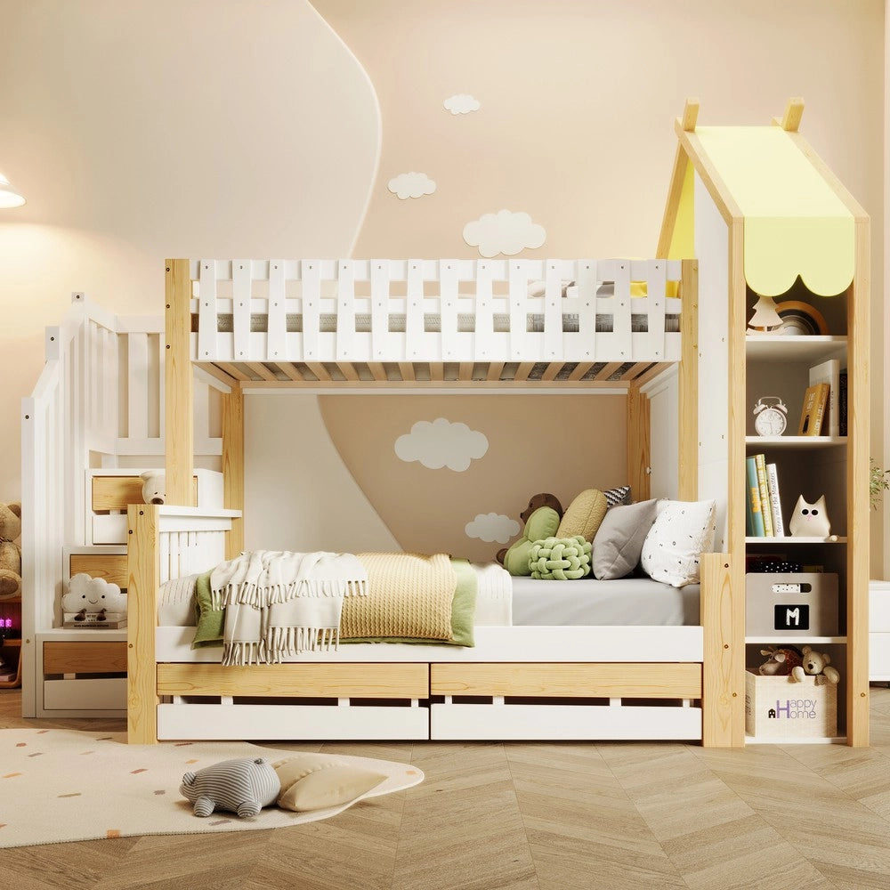 Letto a Castello 90x200 140x200 con Cassetti e Scaletta ¨C MINIMAL ¨C Bianco e Naturale