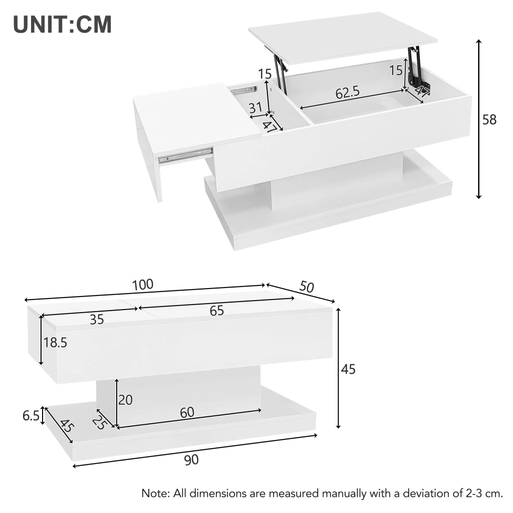 TAVOLO da caffè 100x50x45 cm bianco in pannello di legno con LED e sollevamento idraulico