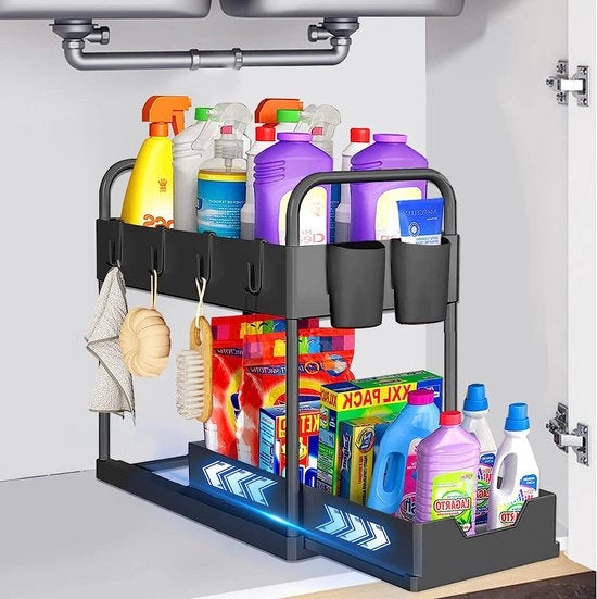 Sostegno sotto lavandino a doppio livello, lavastoviglie, organizzatore, armadio, organizzatore, cucina, ripiano per spezie, lavastoviglie, armadio cucina, armadio sotto lavabo con 4 ganci, 2 tazze, cassetti scorrevoli