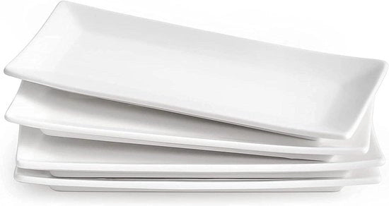 Piatti da Servire in Porcellana Bianca, 25,4 x 12 cm, 4 pezzi - Sushi, Desserti, Snack, Antipasti - Resistente al Microonde e Lavastoviglie