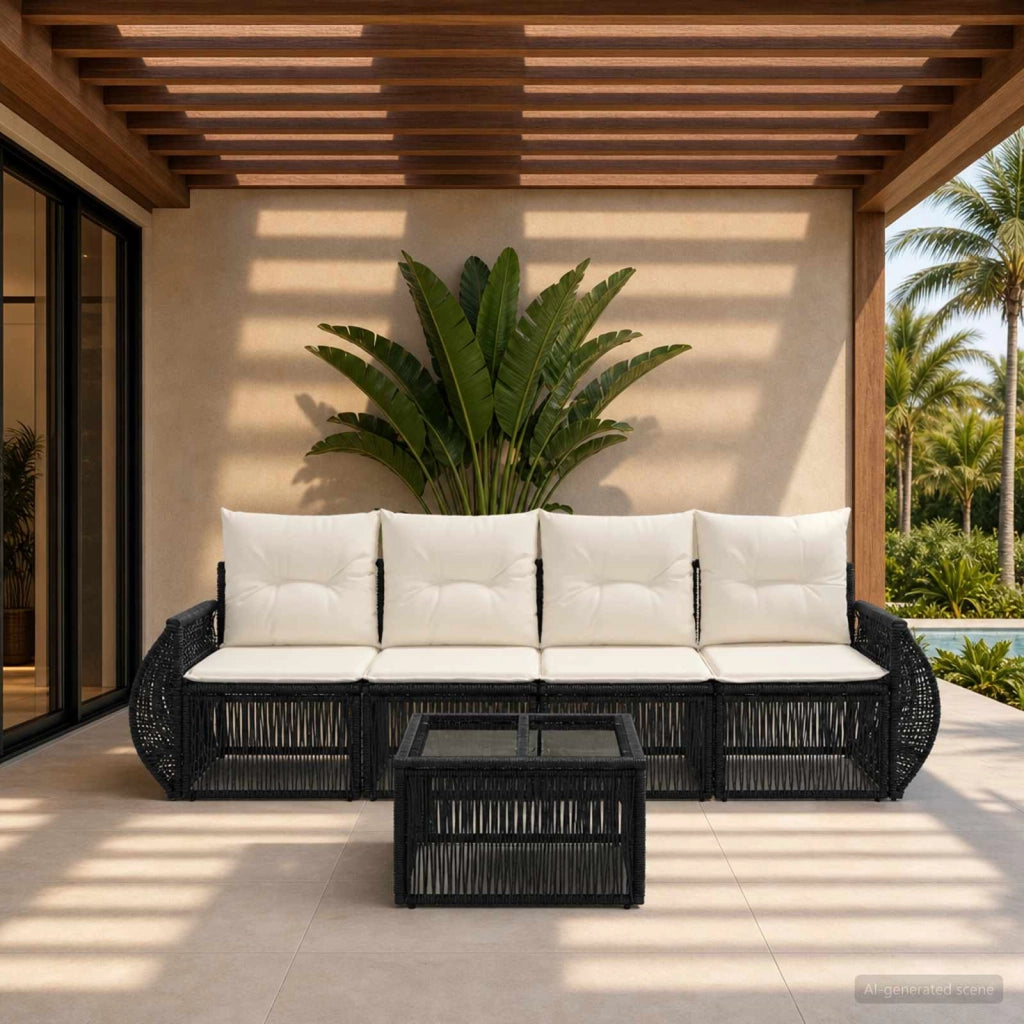 Set Divano da Giardino 5 pz Nero e Bianco Crema polyrattan 3435343