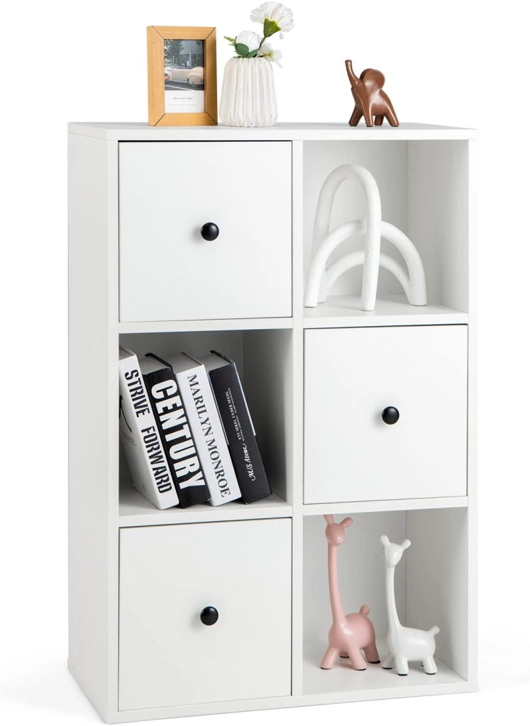 Libreria con Cassetti, Scaffale a 4 Livelli con Dispositivo Anti-Bascolare, Armadio a 6 Cube, Espositore Moderno per Soggiorno/Camera/Ufficio, 2 Colori