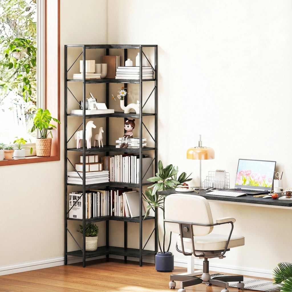 Libreria Angolare Scaffale Industriale 7 Ripiani ¨C zephmum ¨C Effetto Legno Nero