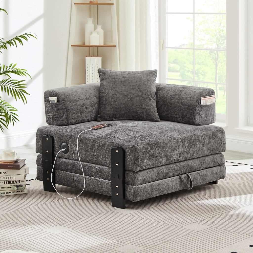 Divano letto convertibile 2 posti con funzione letto, porte USB e Type-C, tasche laterali, tessuto, Grigio scuro