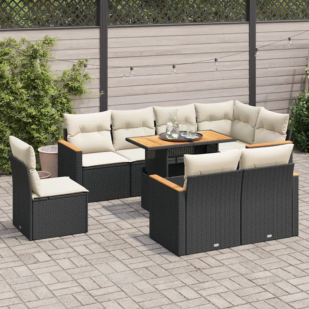 Set Divani da Giardino 9 pz con Cuscini Nero Polyrattan Acacia 3327500