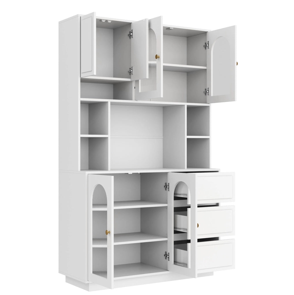 Credenza alta bianca con LED APP, ante acriliche e 3 cassetti