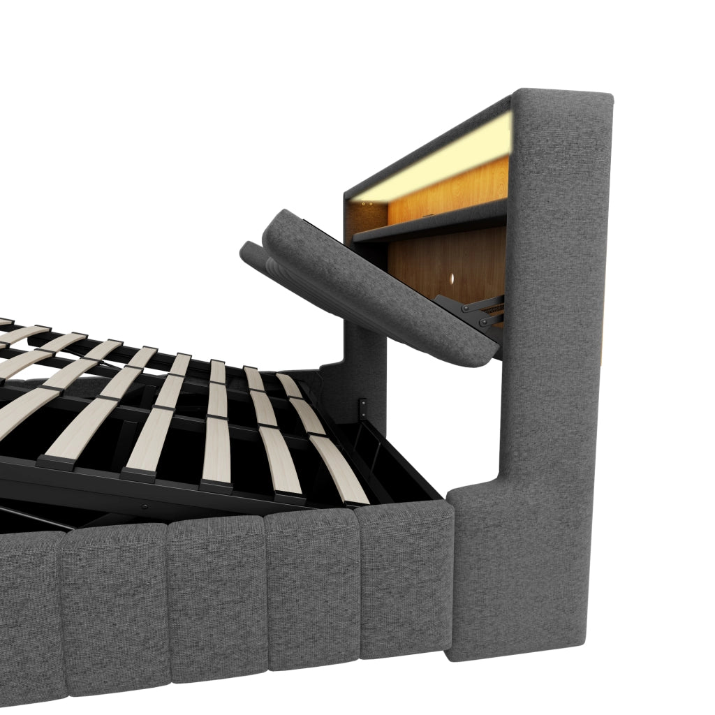Letto contenitore matrimoniale 180 × 200 cm con sistema idraulico, LED, USB e USB-C, senza materasso, grigio
