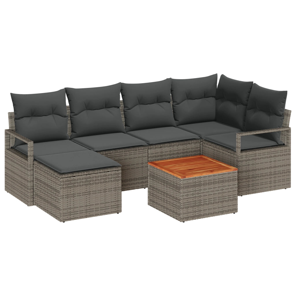 Set Divano da Giardino  7 Pezzi con Cuscini Grigio Polyrattan Acacia