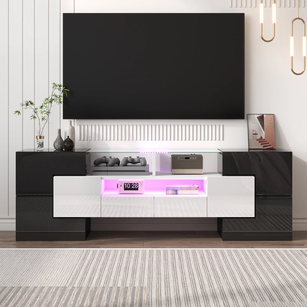 OKWISH Mobile TV con 6 Ante, 2 Cassetti e 3 Vani, LED Multicolore, per Soggiorno, Bianco, 145×30×51 cm
