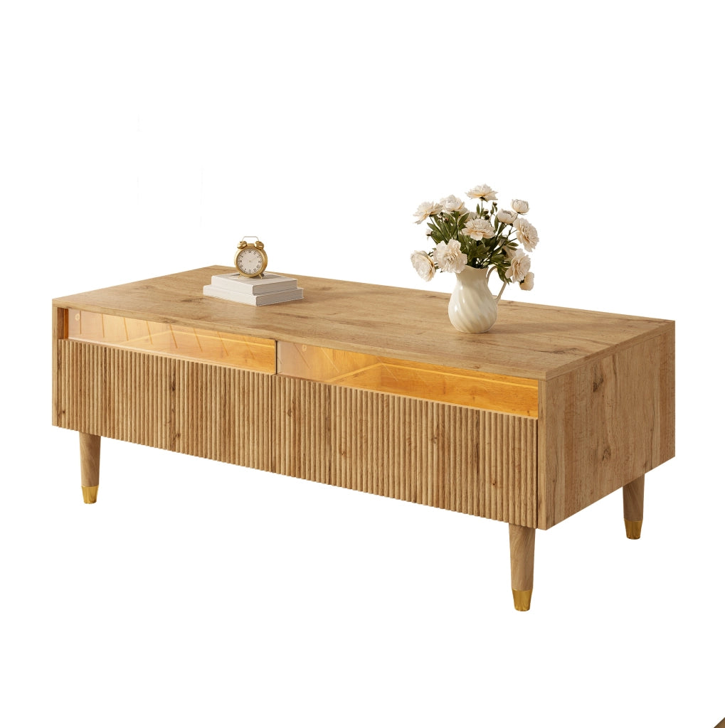 Tavolino da caffè LED 110x50x40 cm con 2 cassetti; MDF colore legno