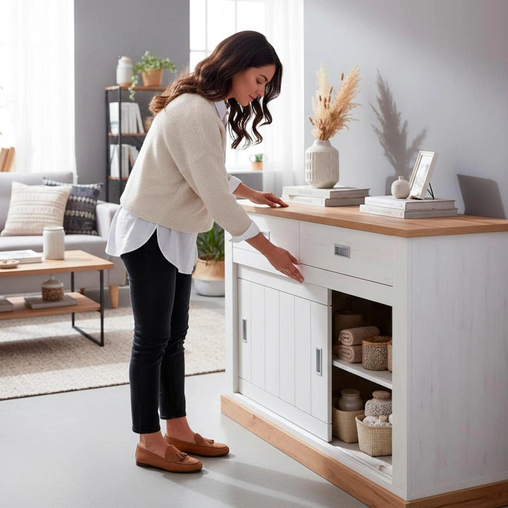 Mobile Madia Credenza Soggiorno Con 2 Cassetti E 2 Ante Scorrevoli 4 Ripiani Interni Design Minimal Shabby Chic Zona Living Sala Da Pranzo 150 x 50 x 95.5 Cm Bianco E Rovere