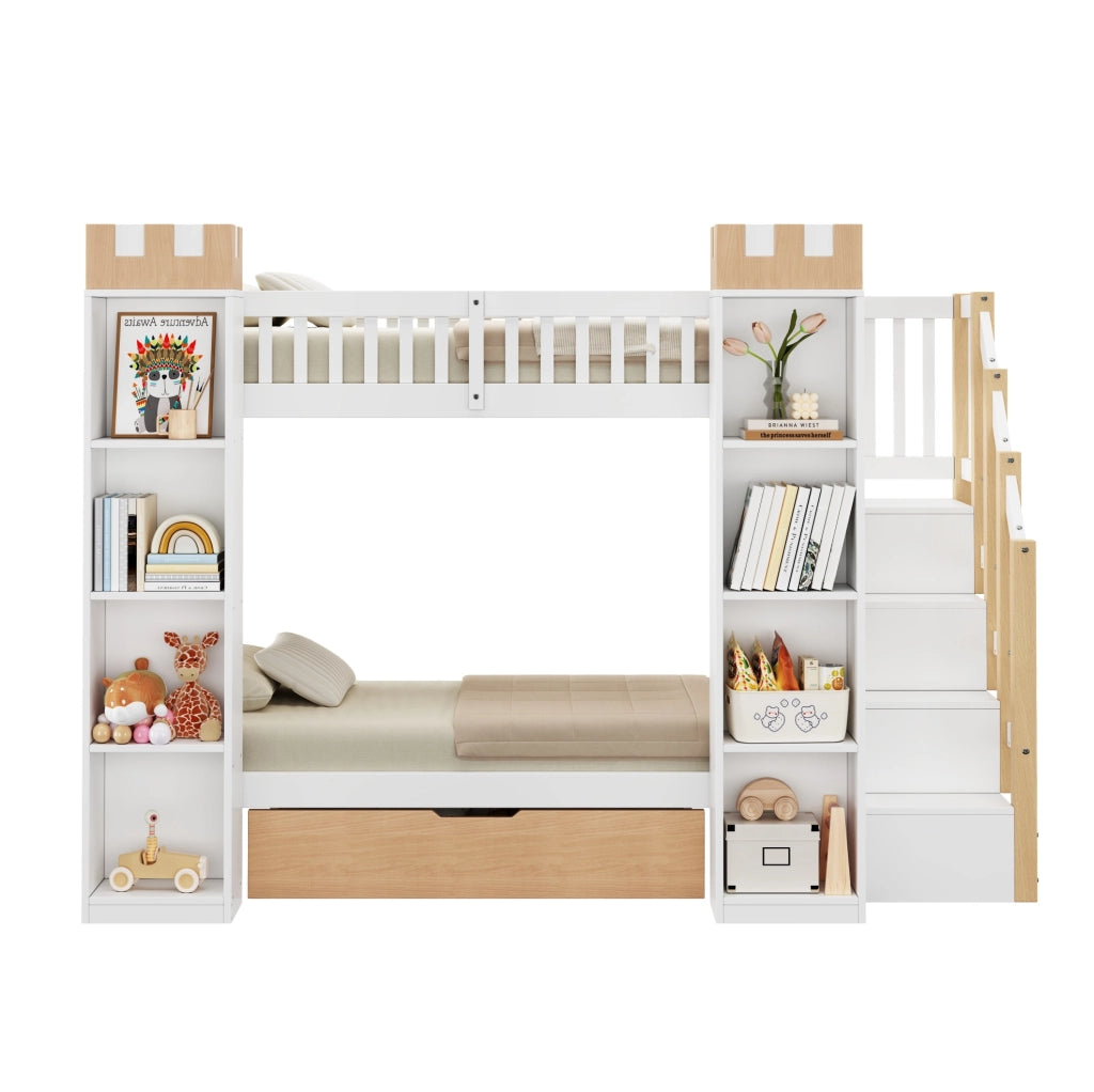 Letto a castello per bambini 90x200 cm con scala contenitore; cassetti e ripiani; bianco