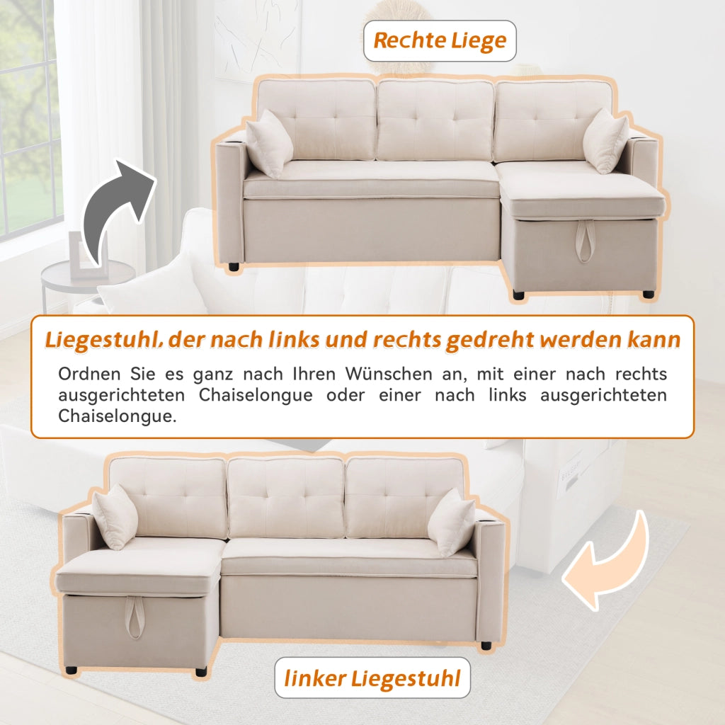 Divano Letto ad Angolo con Chaise Longue Reversibile; Contenitore e Portabicchieri; in Cotone e Lino Beige