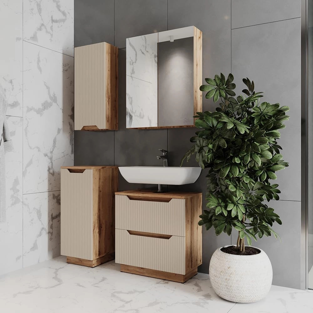 Set di mobili da bagno Lotta, Rovere/cashmere con struttura in piastrelle, 4 parti