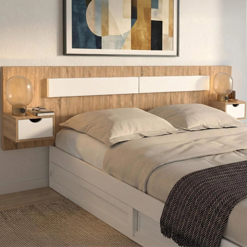 Testata sospesa SANTA con comodini per letti da 140, 160 e 180 cm in legno e bianco