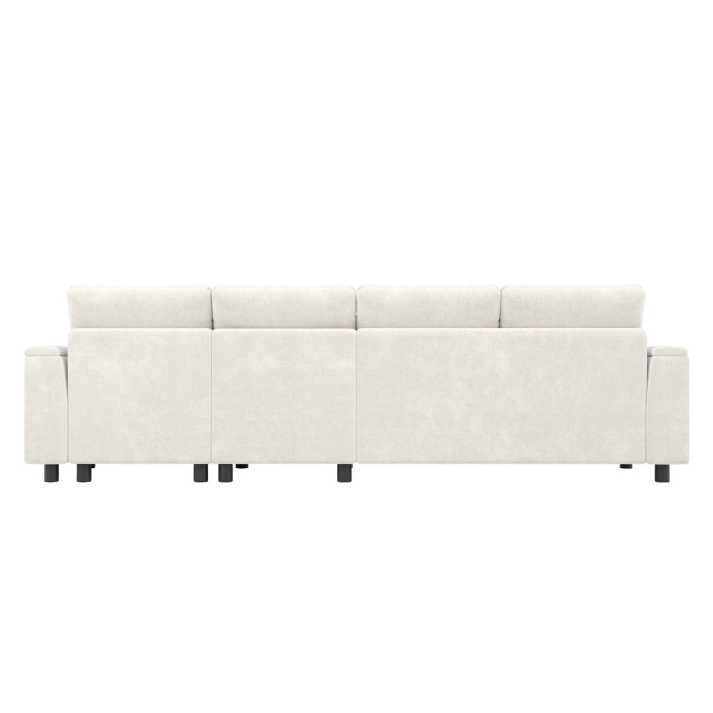 Divano angolare reversibile convertibile con vano contenitore, tavolino ribaltabile, tessuto Chenille Beige