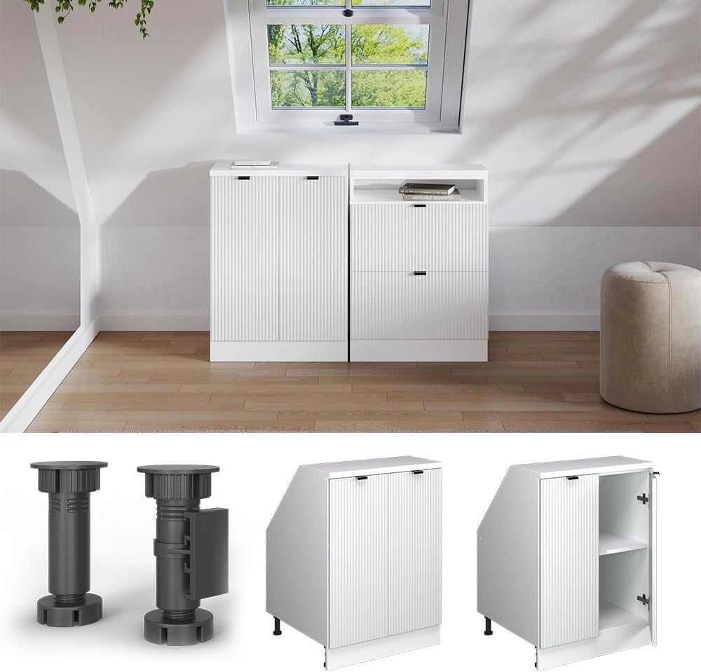 Mobile sottotetto Rion, Ondulazione bianca, 60 x 81.6 cm con 2 porte, carcassa 60 cm profondità, adatto per il salvaspazio sotto tetti spioventi