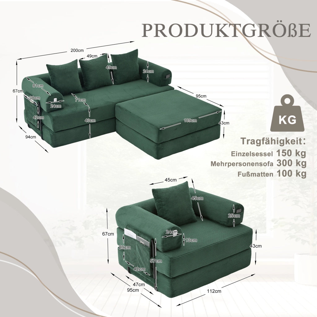 Divano modulare in corduroy verde smeraldo con pouf; 200x94x67 cm