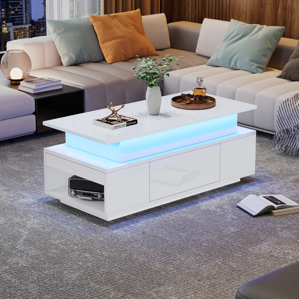 Tavolino Da Salotto Reclinabile con 1 Cassetto e Vano Nascosto; LED USB; Bianco Lucido; Stile Moderno; 96×45×40 cm; Bianco