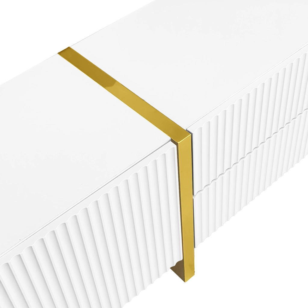 Mobile TV 190x35x45 cm; 2 cassetti e 3 ante con chiusura ammortizzata; MDF e pannello truciolare bianco e oro