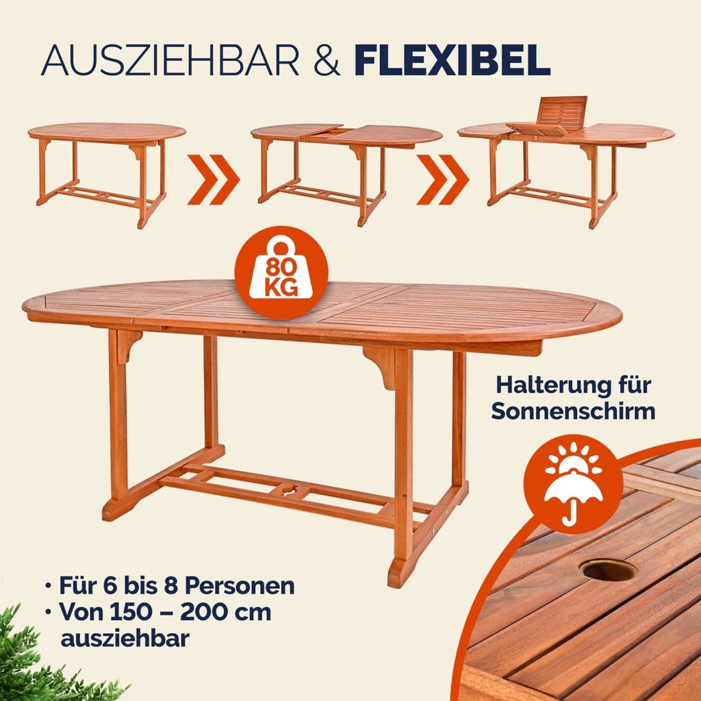 Casaria® Tavolo da Giardino Resistente Certificato FSC® Legno di Eucalipto 200x100cm Portata 160kg per Balcone Giardino Terrazza Balcone Esterno