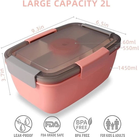 Bento box per adulti, 2000 ml, grande box a scatole, cassetta per panini con contenitori per adulti, box a 2 vaschette portatile, sostenibile, impermeabile, BPA-free, cassetta per panini per lavoro/picnic