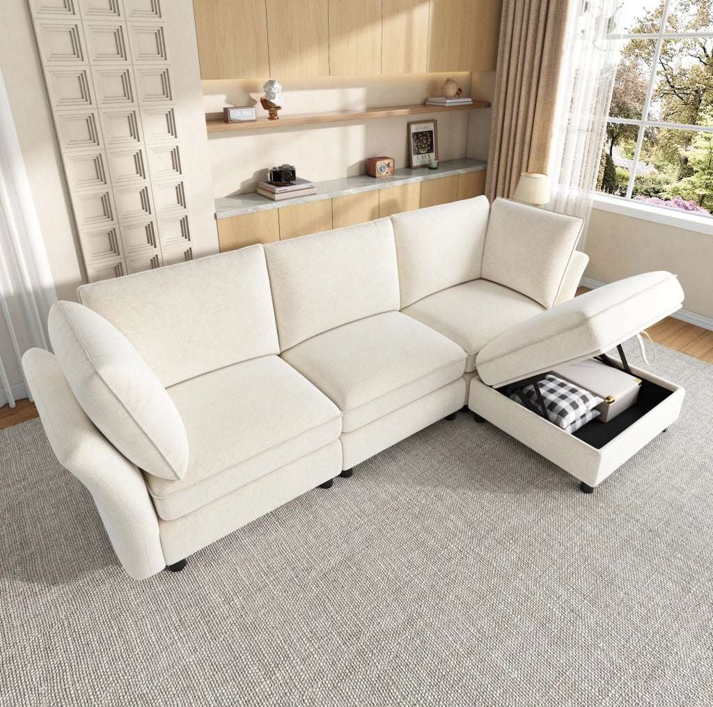 Divano modulare ad angolo a L con pouf contenitore, tessuto chenille beige, 4 posti, con 2 cuscini bracciolo