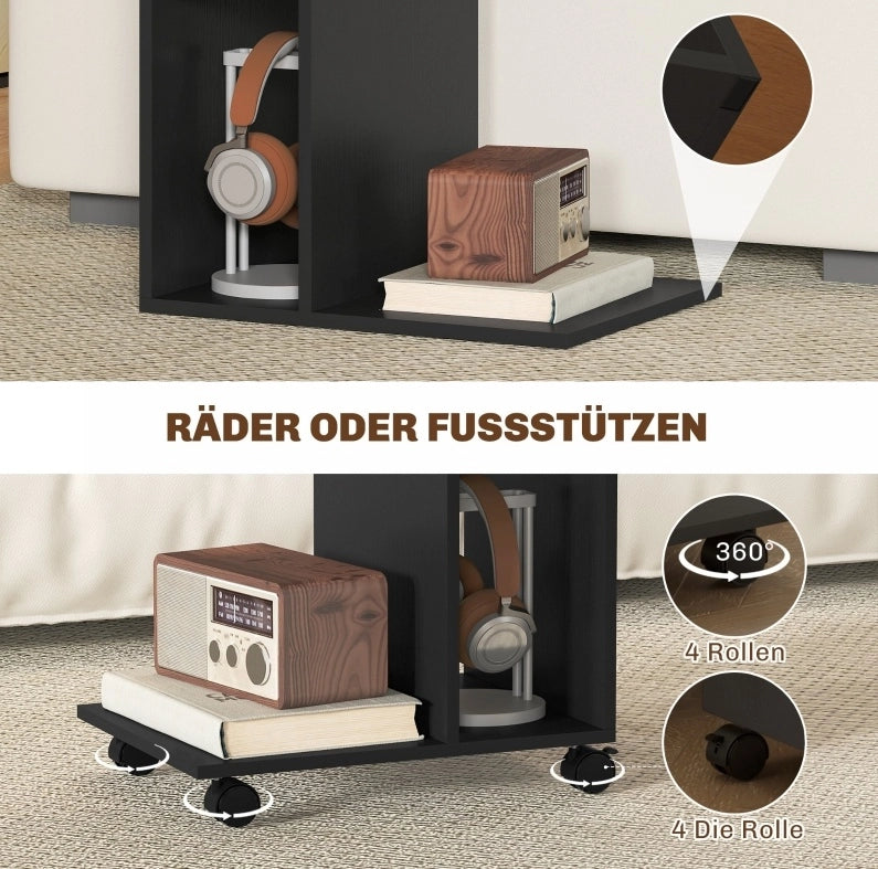 Carrello laterale nero a forma di C con 3 ripiani e 4 ruote, 40x30x69 cm