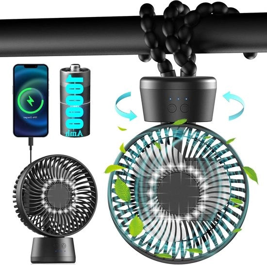 Ventilatori Oscillanti a Batteria - Rotazione 120° - Batteria 10000 mAh - Molto Silenziosi - Tempo di Funzionamento 40 Ore - 3 Modalità & Luce LED - Piccoli Ventilatori USB - Ventilatore Clip Portatile - Tripode Flessibile