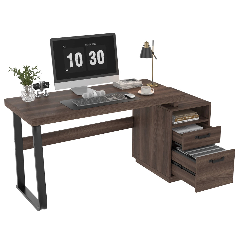 Scrivania moderna 135 x 54 cm con piano in MDF e struttura in metallo, finitura marrone, con vano aperto e cassetto silenzioso