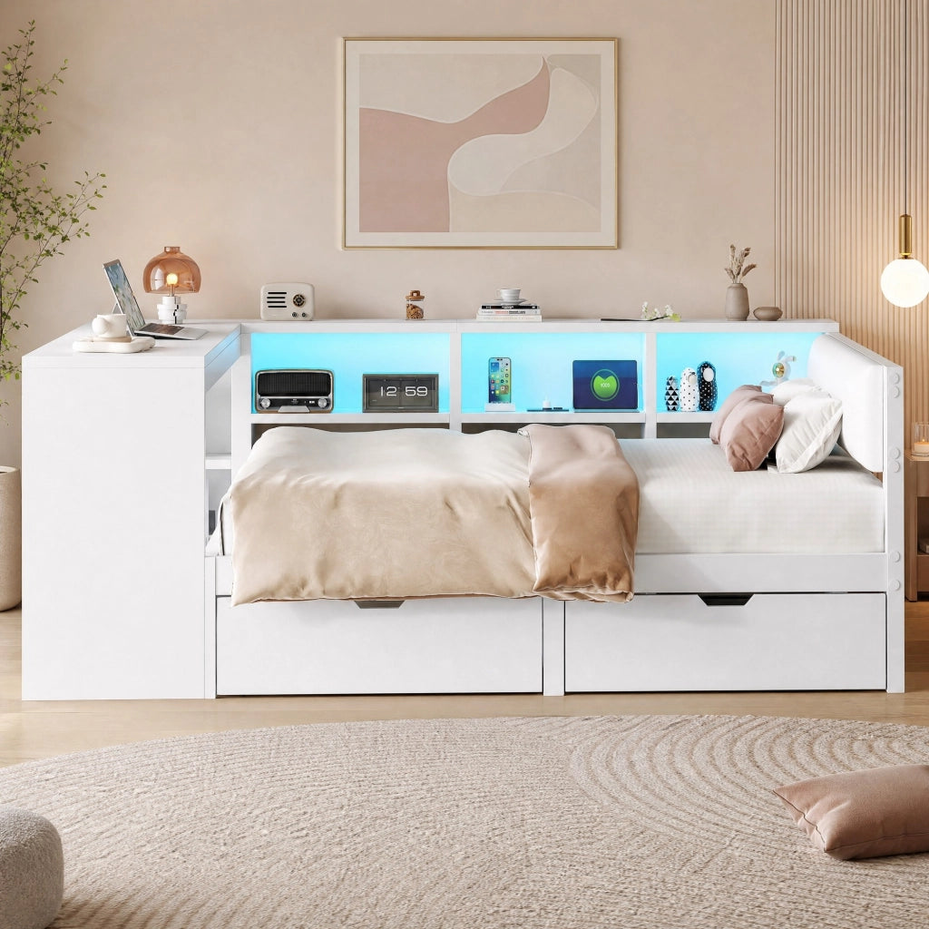 Letto a piattaforma 140x200 cm con testiera imbottita; scaffali; 2 cassetti; USB e LED; bianco