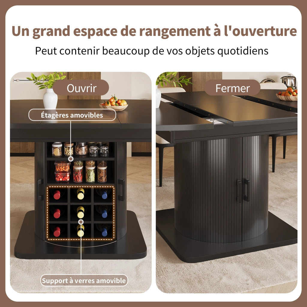 Tavolo allungabile con vano contenitore; ripiani removibili e portabicchieri; per cucina; in MDF e metallo; nero; 118 × 118 × 76 cm