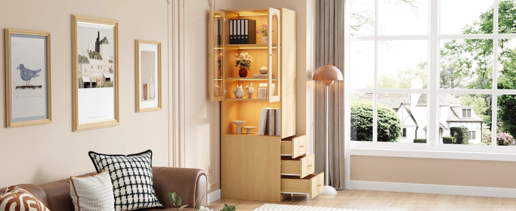 Libreria alta con 3 cassetti e vetrina in vetro temperato con LED per studio e soggiorno in MDF rovere 60 × 40 × 200 cm