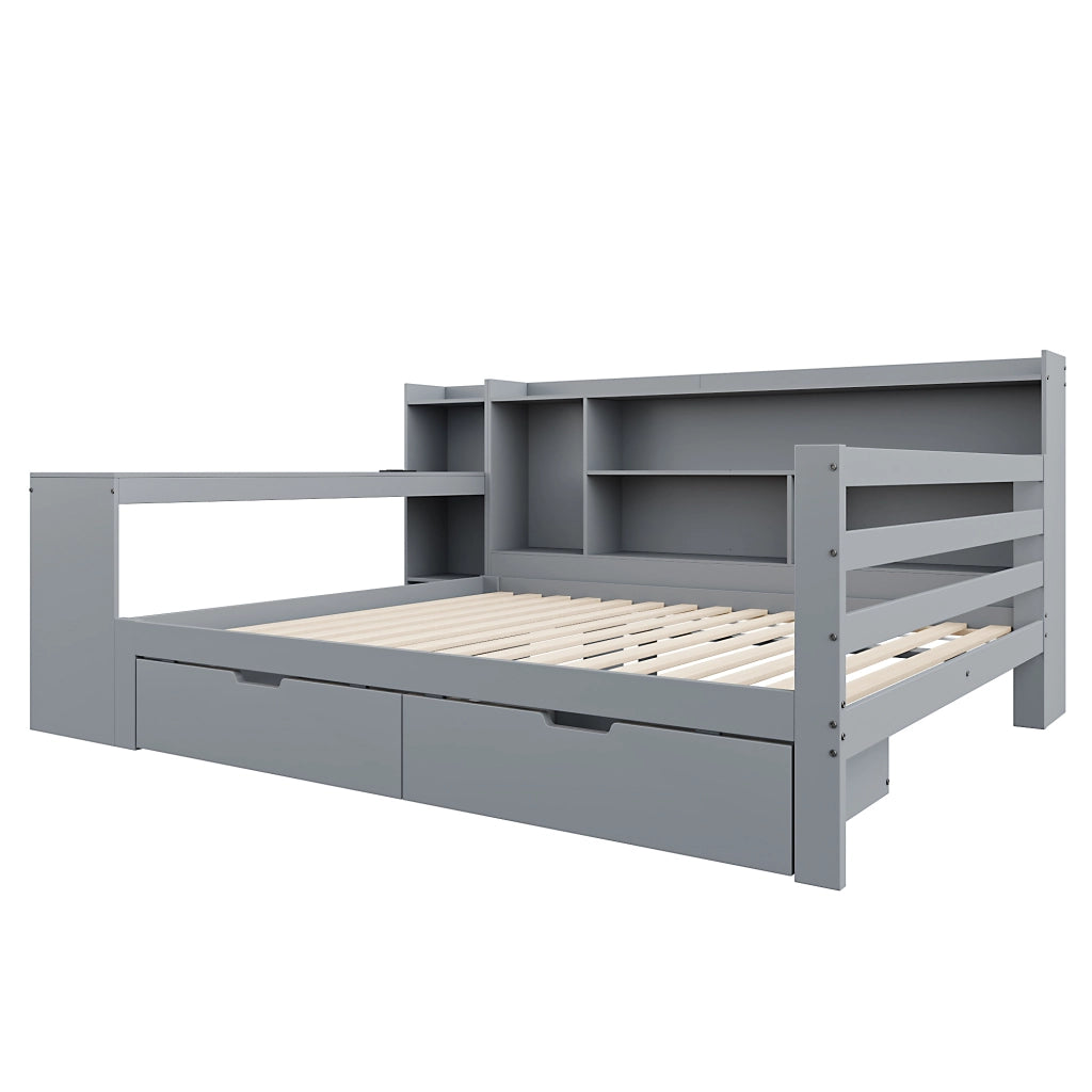Letto divano 140 × 200 cm con scrivania, scaffali, 2 cassetti, prese USB e contenitore, senza materasso, grigio