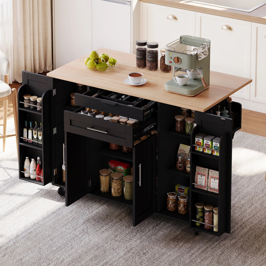 Isola da cucina mobile 136x70x92 cm con piano estraibile; cassetto nascosto; MDF nero e naturale